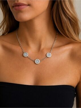 EDFORCE Steel Rhinestone Station Necklace 19.5” | 3 Disc Silver-Tone Necklace